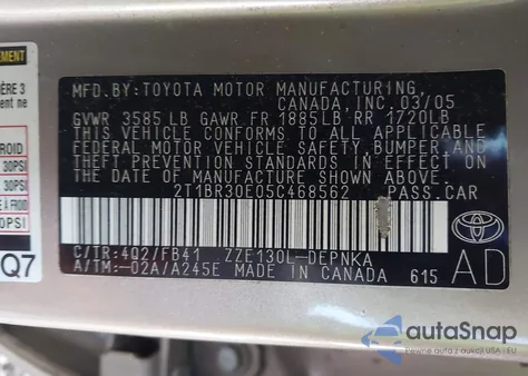 2005 Toyota Corolla Le from USA, damaged, VIN 2T1BR30E05C468562